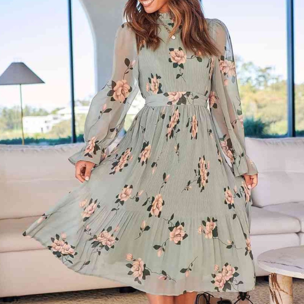 ANRABESS Women's Floral Puff Sleeve Smocked Midi Dress, size L